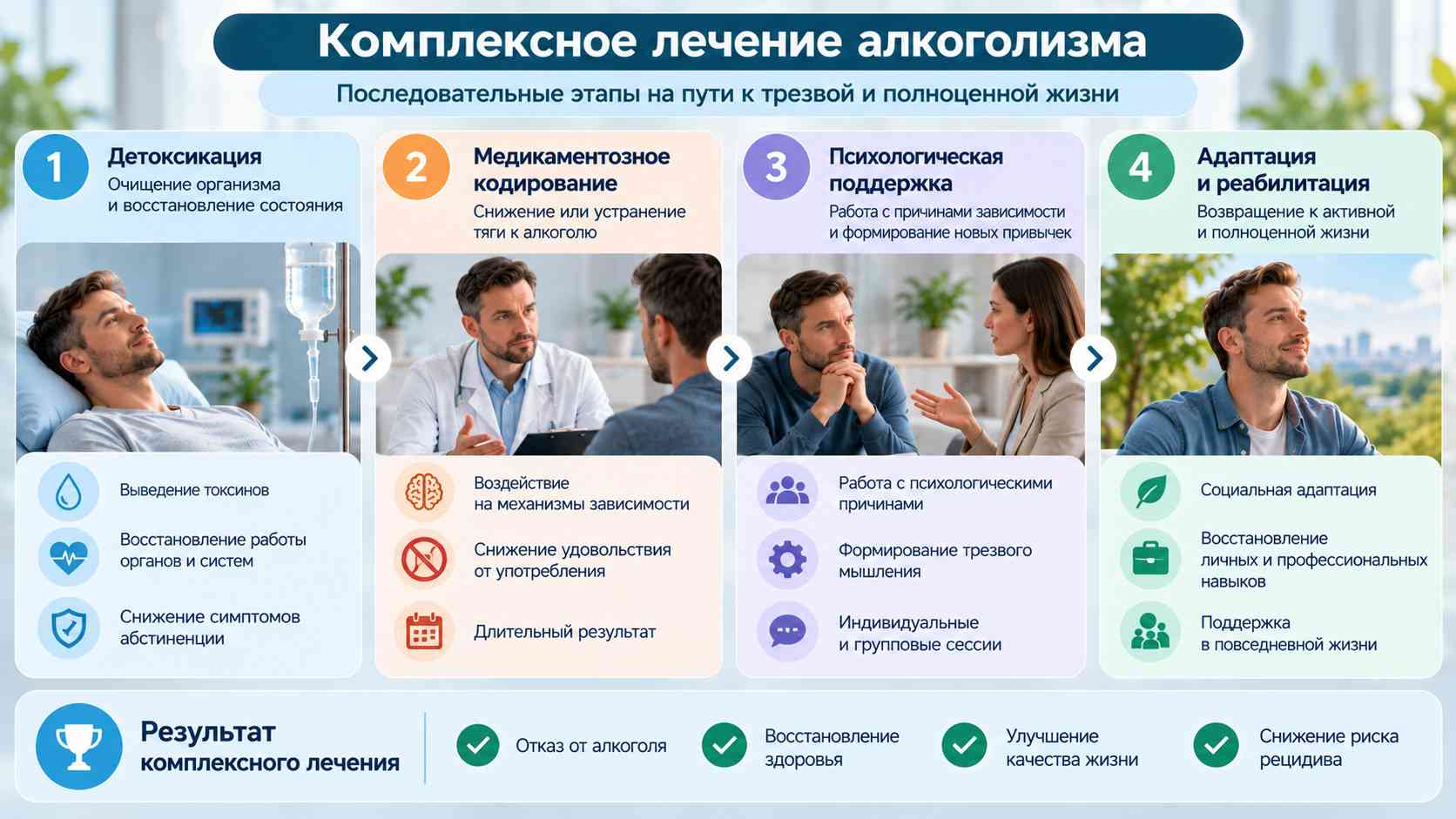 Комплексное лечение алкоголизма — основные этапы восстановления. Инфографика с четырьмя этапами комплексного лечения алкоголизма: детоксикация, медикаментозное кодирование, психологическая поддержка и социальная адаптация.